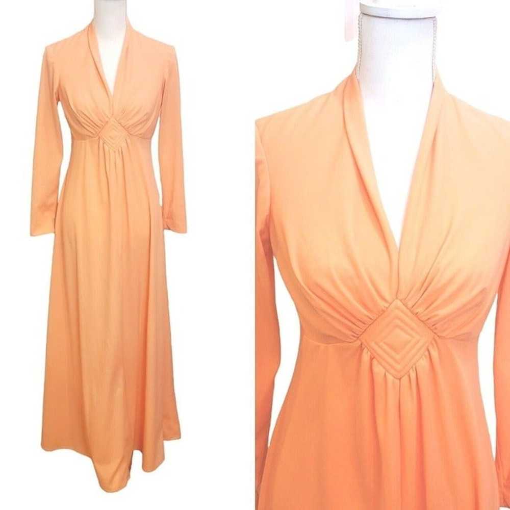 Vintage 70s Peach Orange Longsleeve V-neck Hostes… - image 1