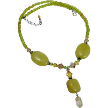 Pretty Green & Golden Glass Bead Necklace with Ch… - image 1