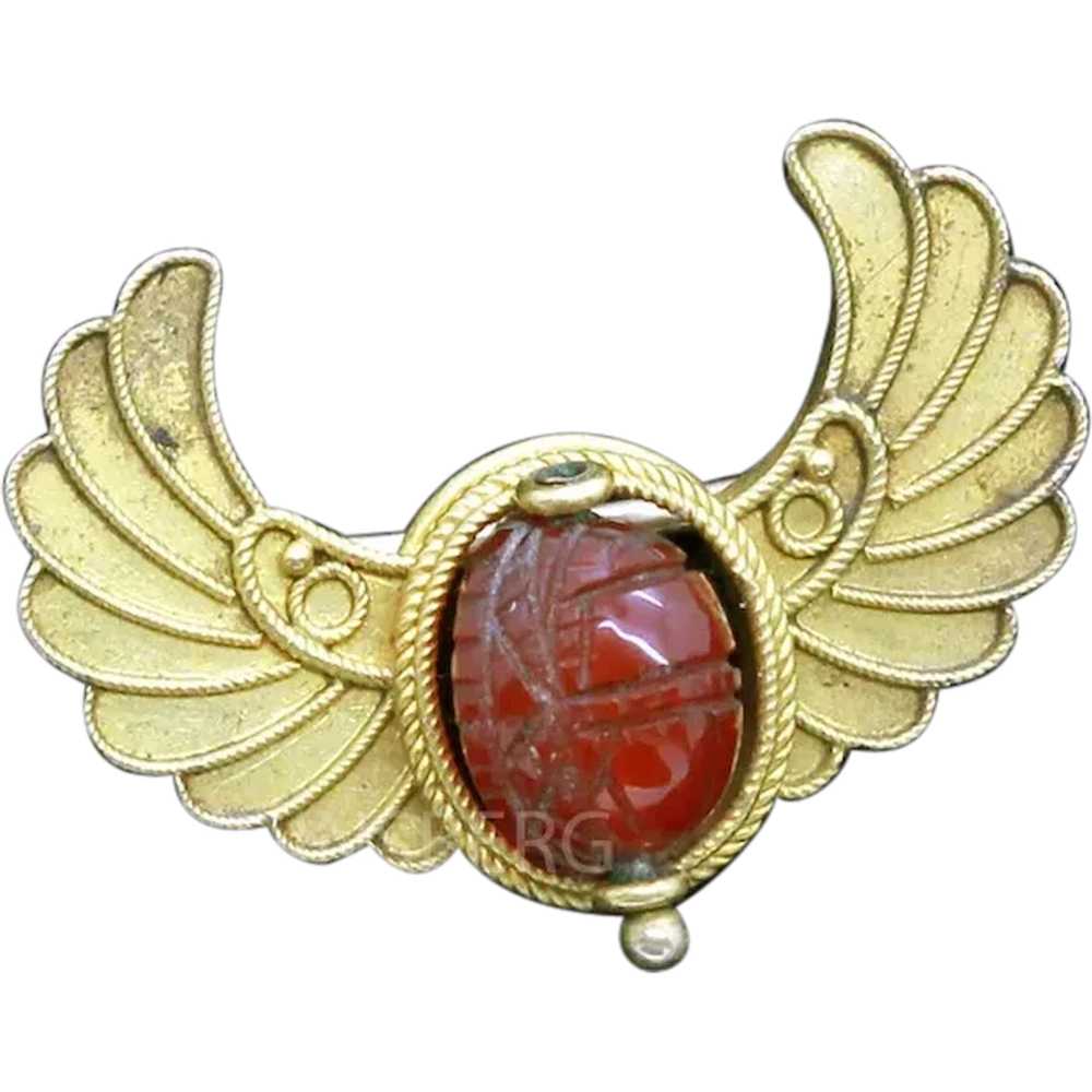 Antique Egyptian Revival Scarab Brooch Gold Carne… - image 1