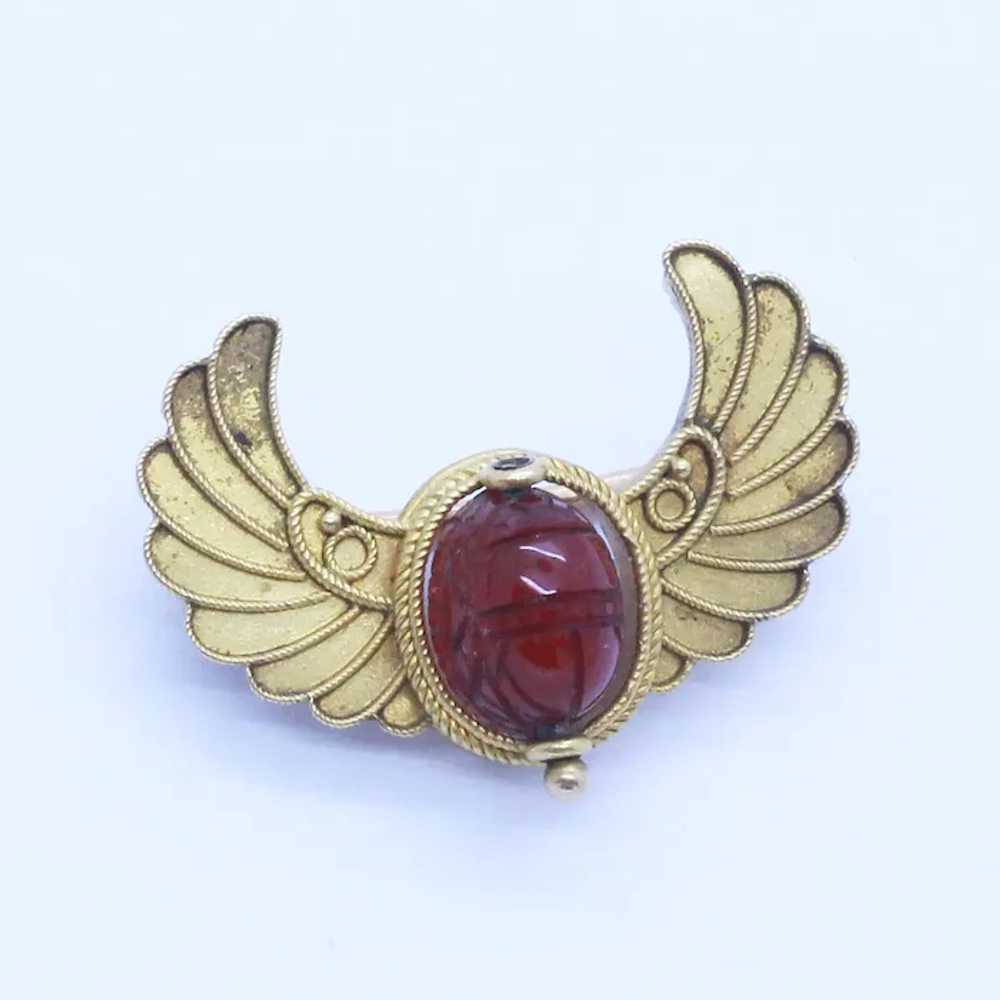 Antique Egyptian Revival Scarab Brooch Gold Carne… - image 2