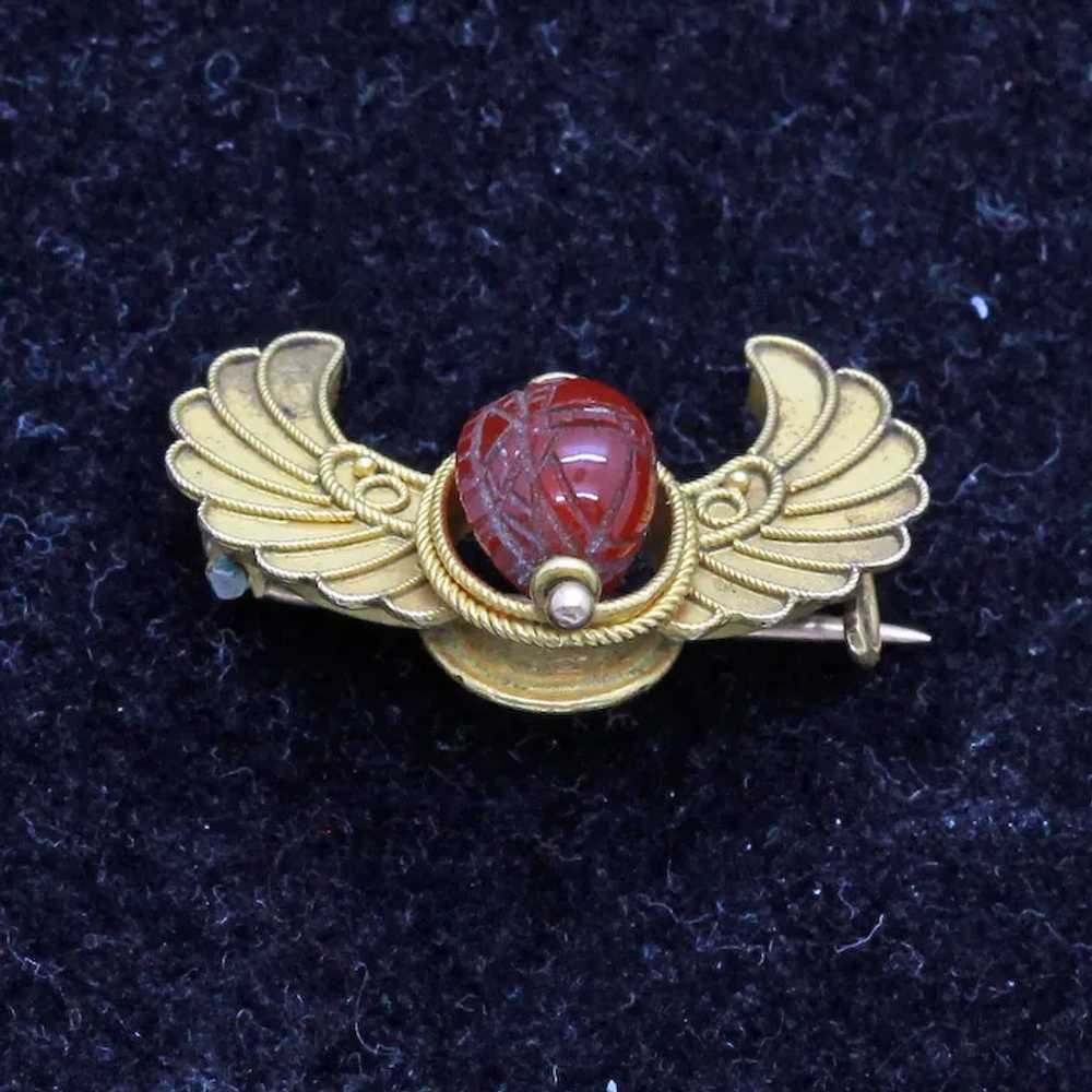 Antique Egyptian Revival Scarab Brooch Gold Carne… - image 8