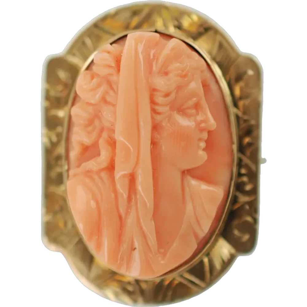 Antique 10K Yellow Gold Hand Carved Coral Cameo C… - image 1