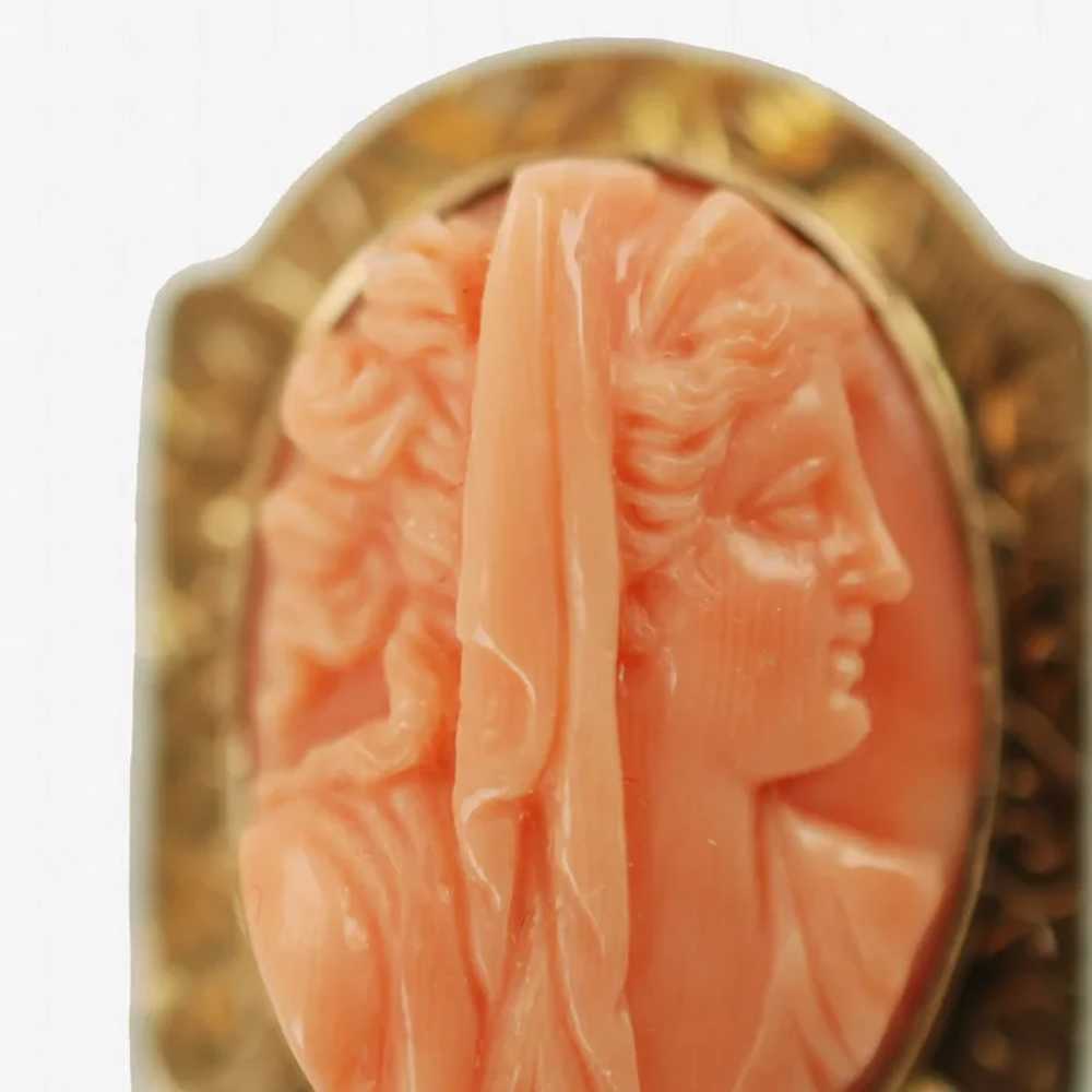 Antique 10K Yellow Gold Hand Carved Coral Cameo C… - image 2