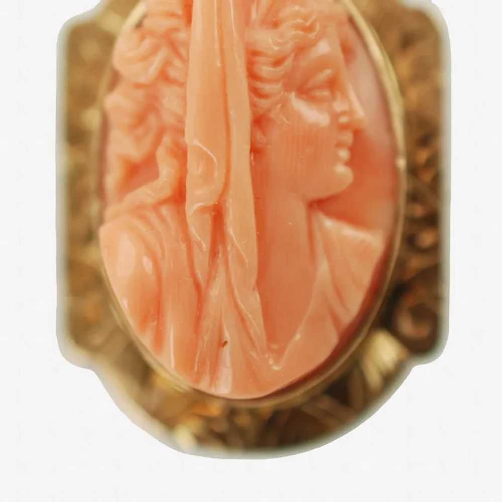 Antique 10K Yellow Gold Hand Carved Coral Cameo C… - image 4