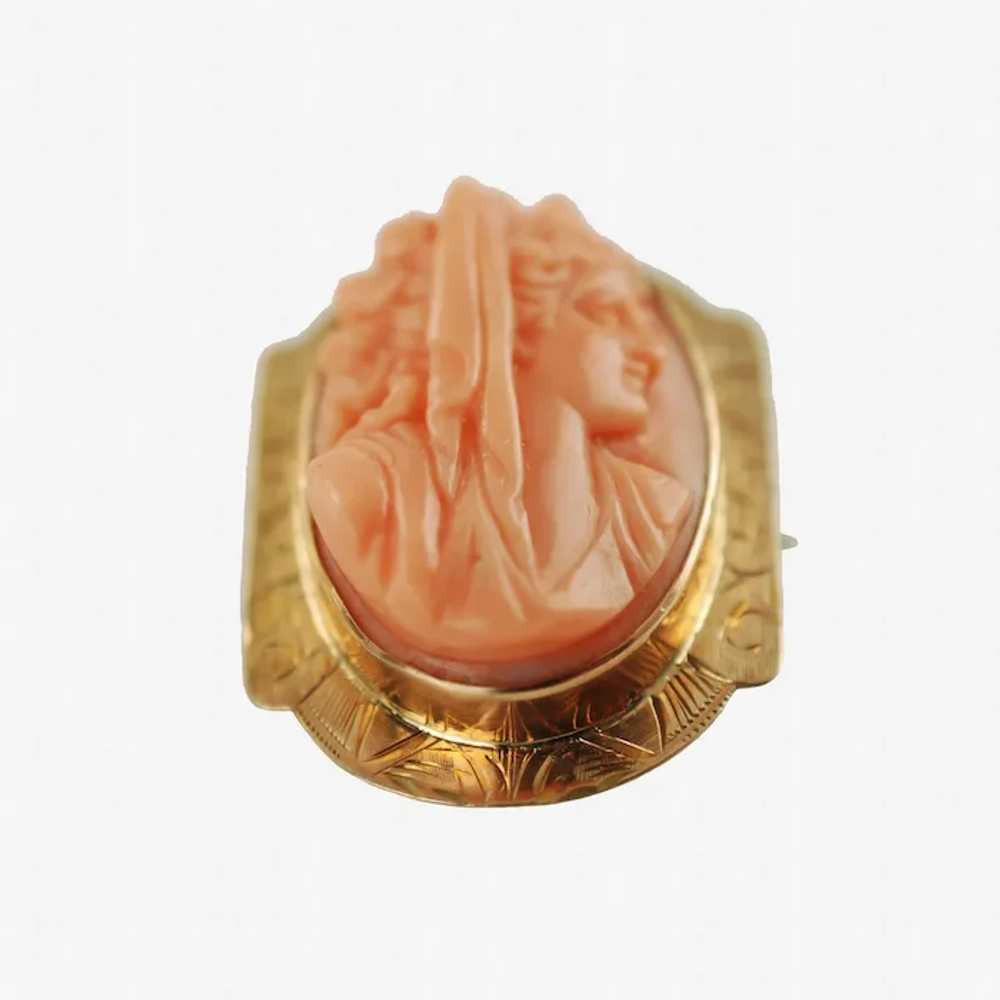 Antique 10K Yellow Gold Hand Carved Coral Cameo C… - image 6