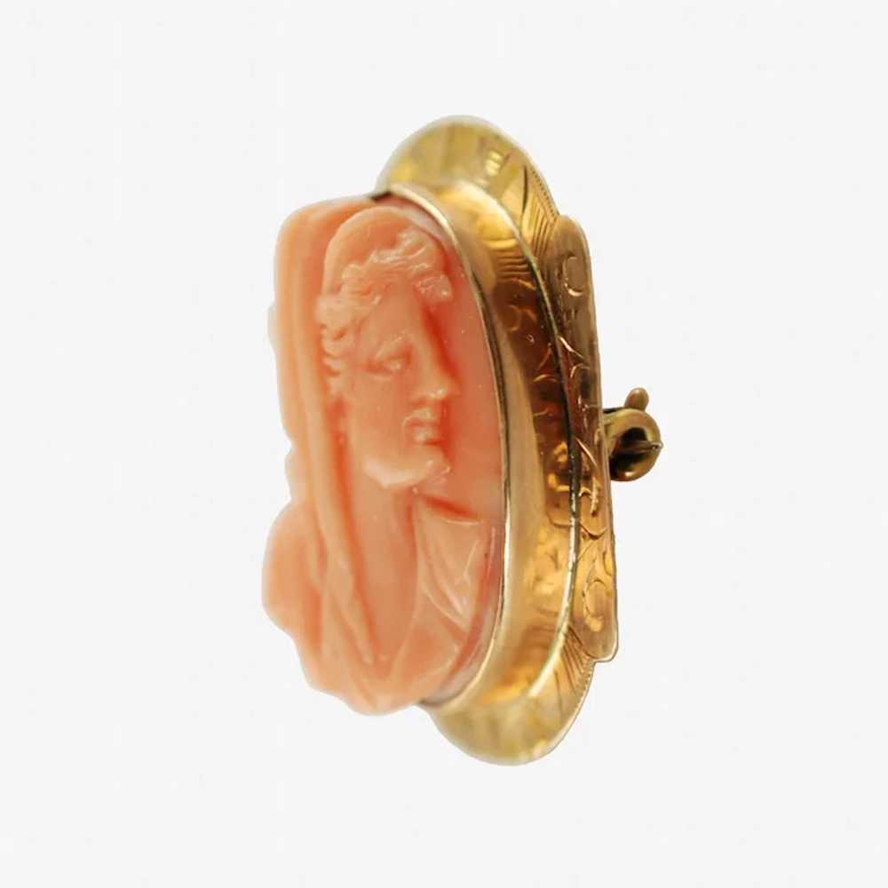 Antique 10K Yellow Gold Hand Carved Coral Cameo C… - image 7