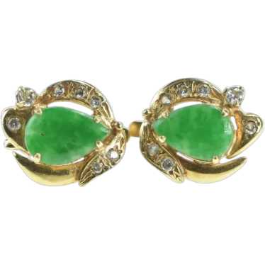 18K Pear Jade Diamond French Clip Stud Earrings Y… - image 1