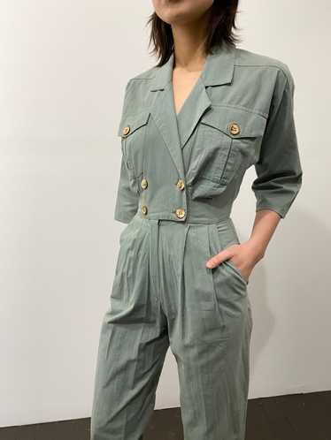vintage sage jumpsuit / womens khaki cotton one pi