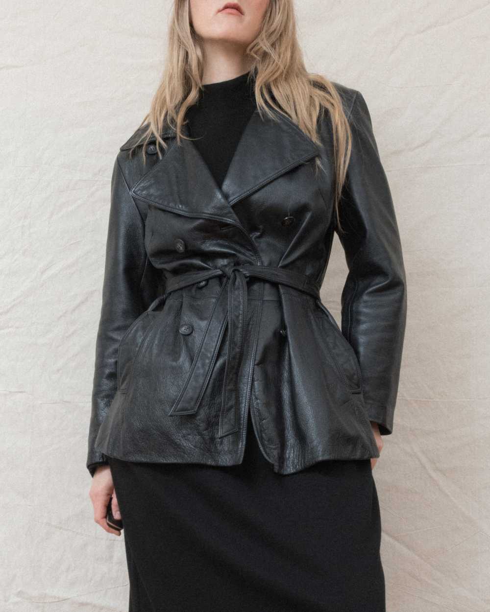 Vintage Black Leather Trench Jacket (S/M) - image 1