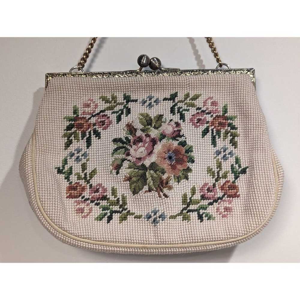 Vintage Needlepoint Tapestry 1950's Cream Floral … - image 2
