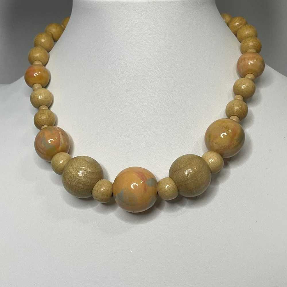 Natural Neutral chunky wooden beaded necklace cos… - image 1