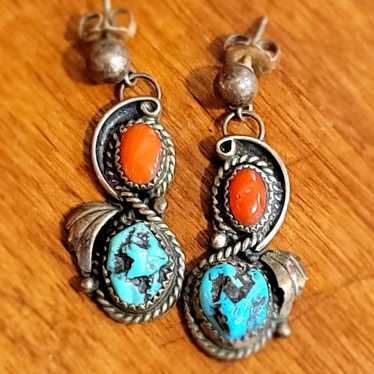 Vintage Turquoise and Coral Earrings silver - image 1
