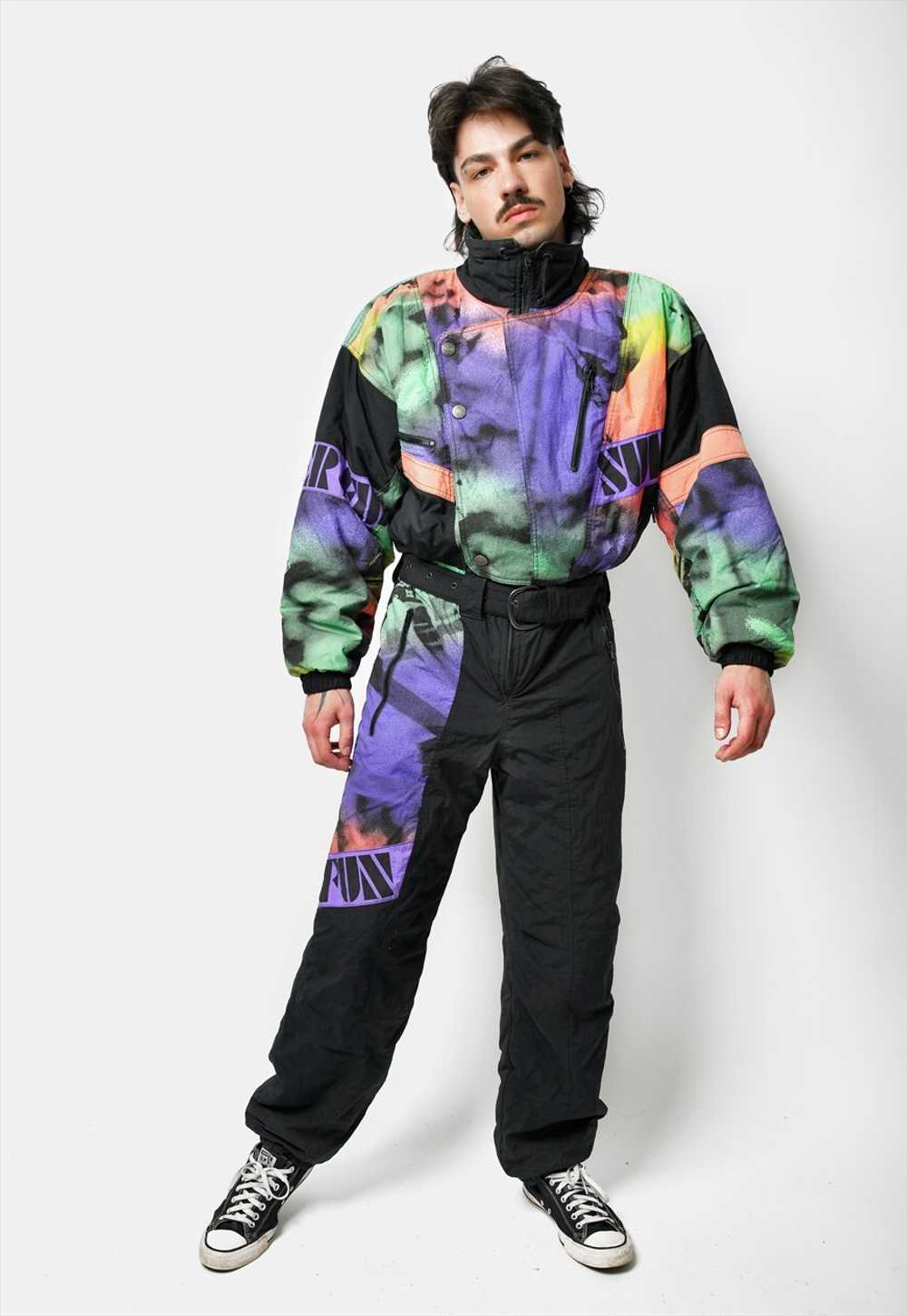 90s vintage ski suit mens black multi winter warm… - image 2
