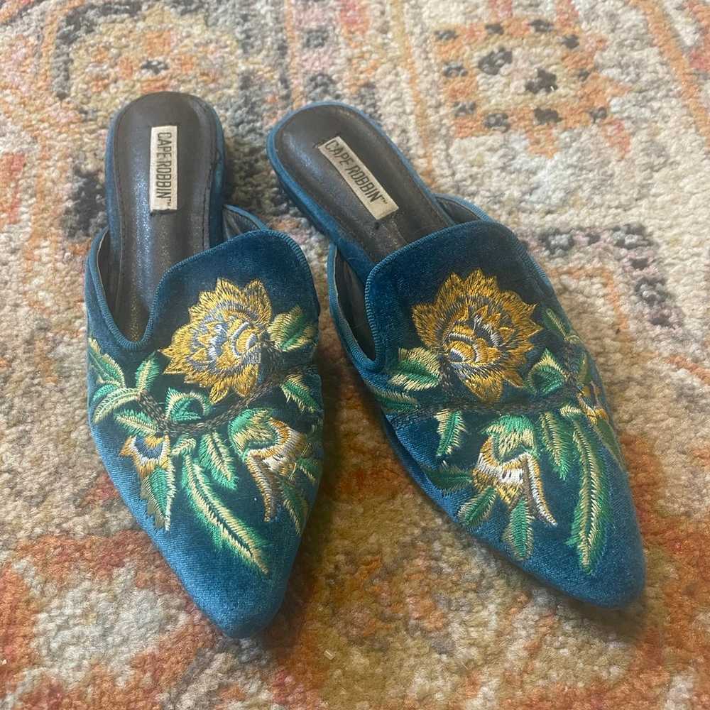 Floral embroidered slip on velvet mules loafer - image 1