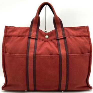HERMES Handbag Tote Bag Foule MM Red Canvas Women… - image 1