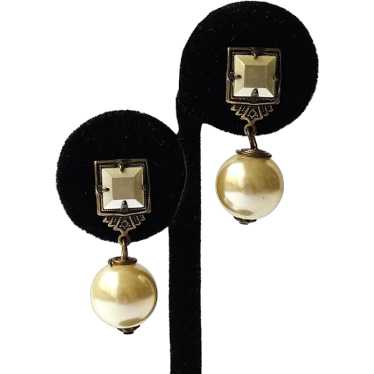 Vintage Faux Pearls Art Deco Style Brass Square Se