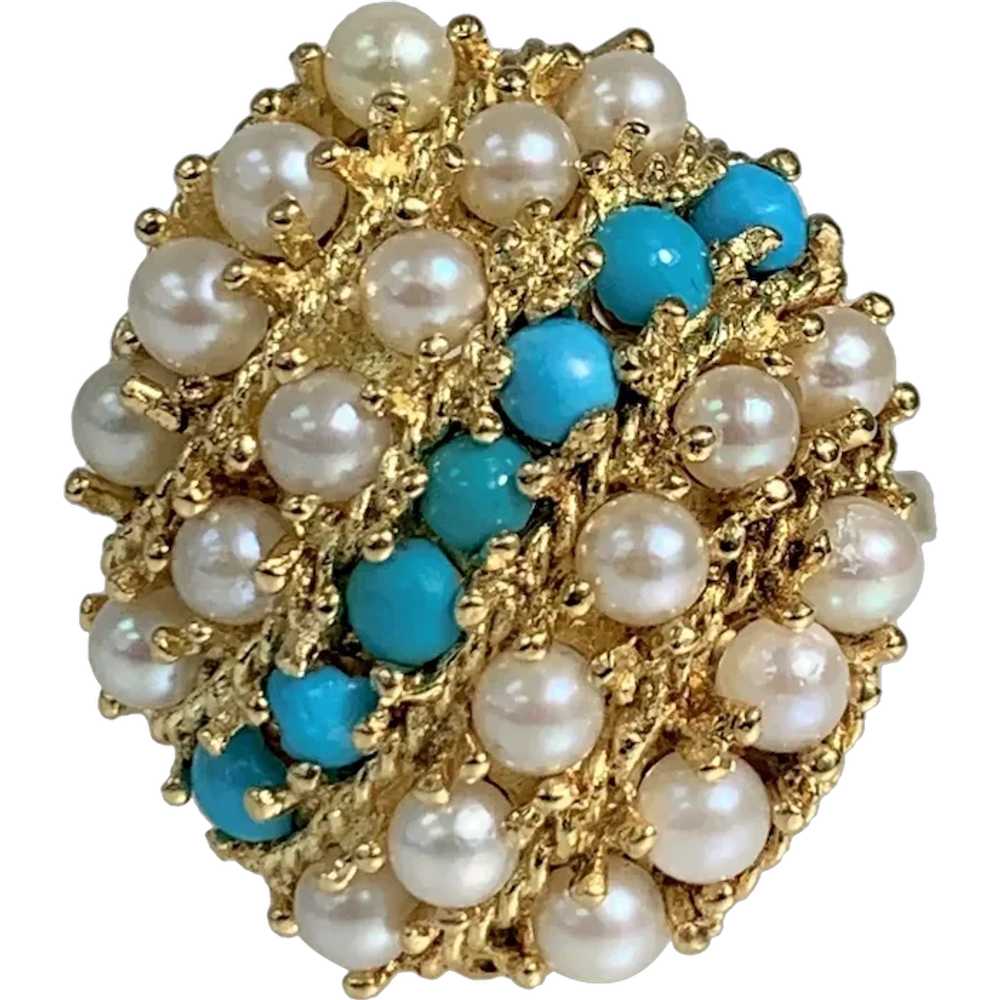14K Yellow Gold Pearl And Turquoise Vintage Ring - image 1