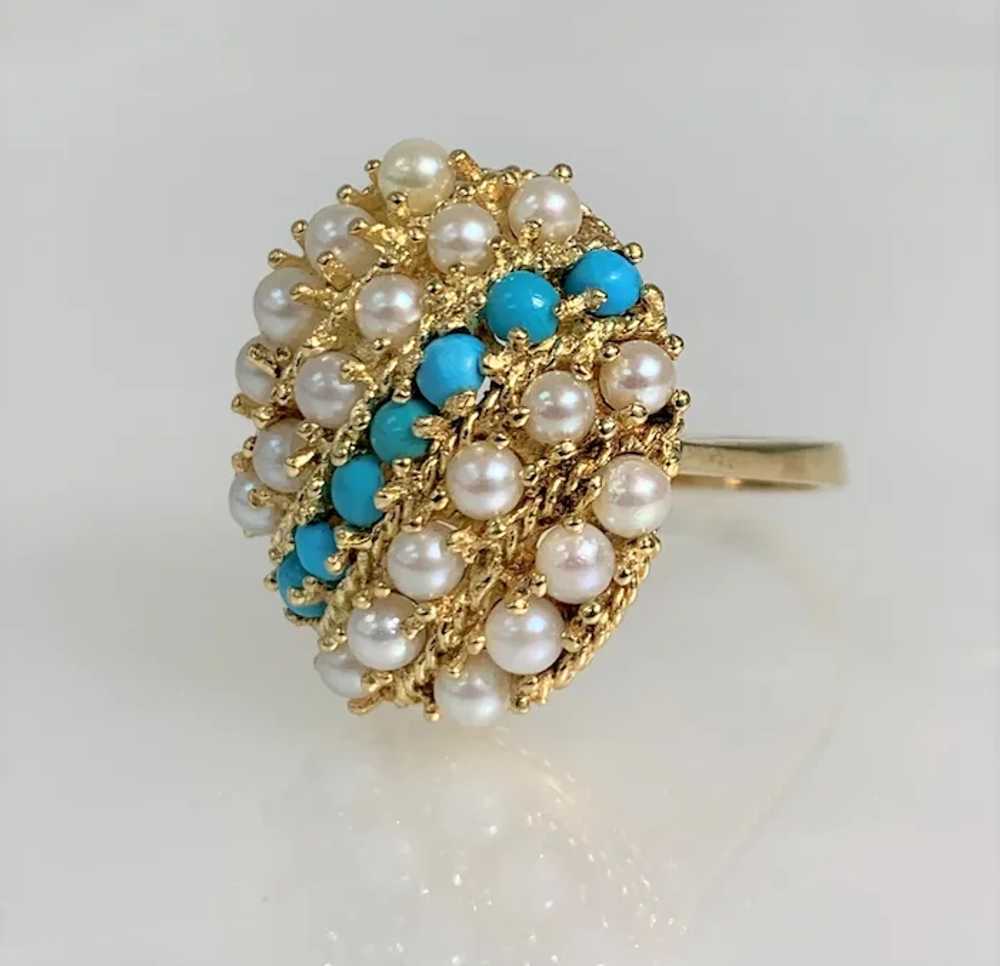14K Yellow Gold Pearl And Turquoise Vintage Ring - image 2