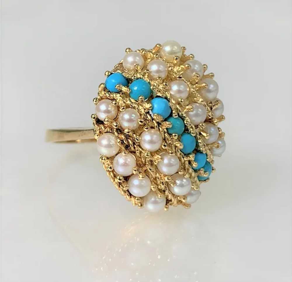 14K Yellow Gold Pearl And Turquoise Vintage Ring - image 3