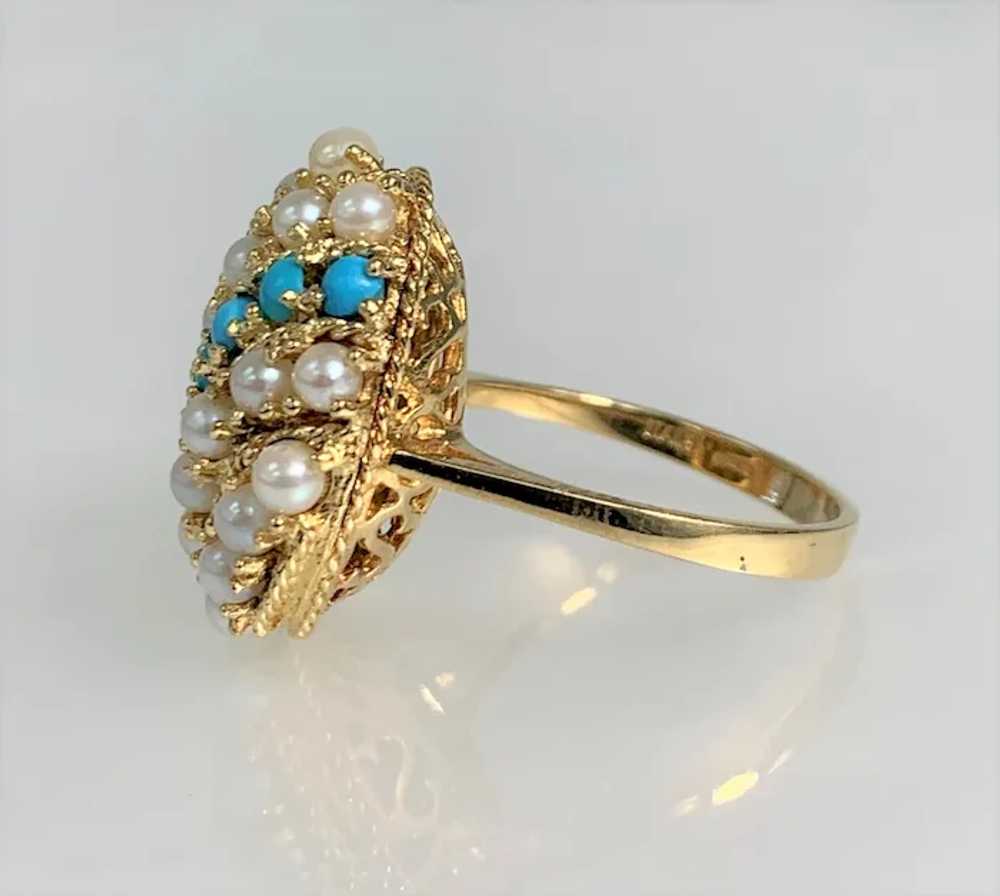 14K Yellow Gold Pearl And Turquoise Vintage Ring - image 4