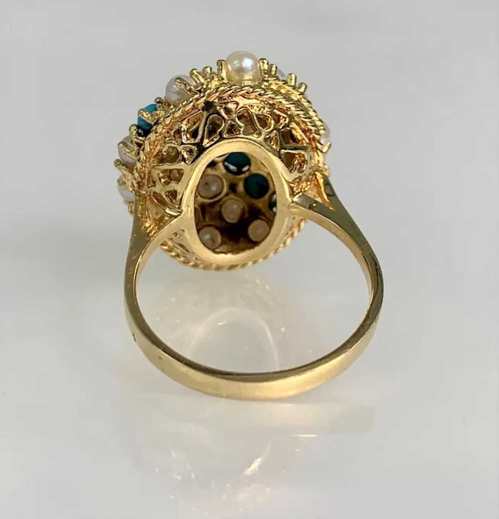 14K Yellow Gold Pearl And Turquoise Vintage Ring - image 5