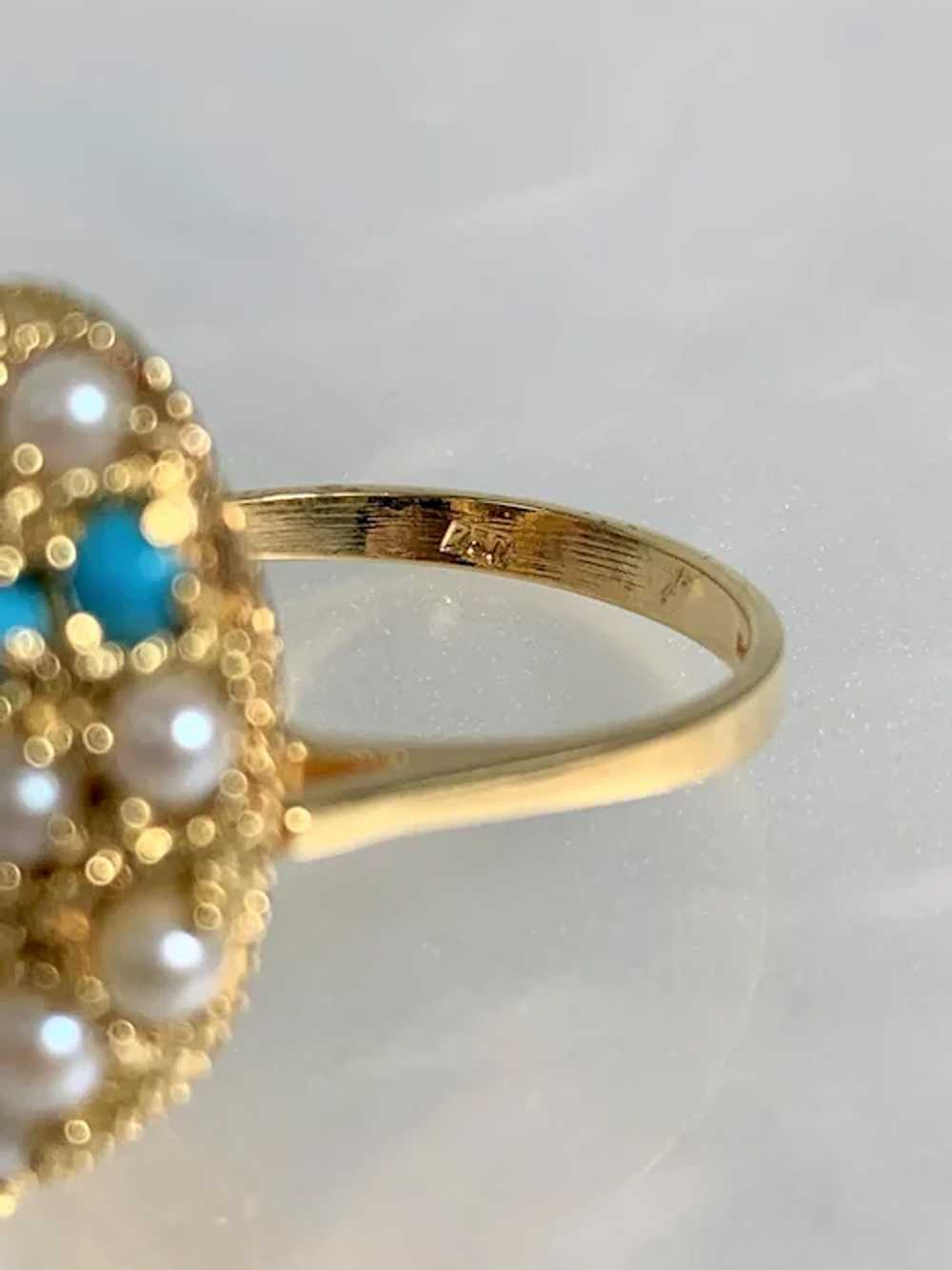 14K Yellow Gold Pearl And Turquoise Vintage Ring - image 6