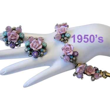 1950's Enchanting PINK Porcelain ROSES w/ Aquamar… - image 1