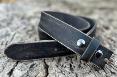 Distressed Style Black Genuine Leather Snap Belt … - image 1