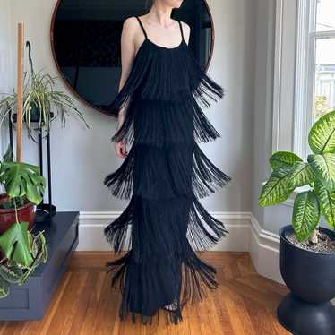 Vintage 1970s fringe column dress, black, size 38 - image 1