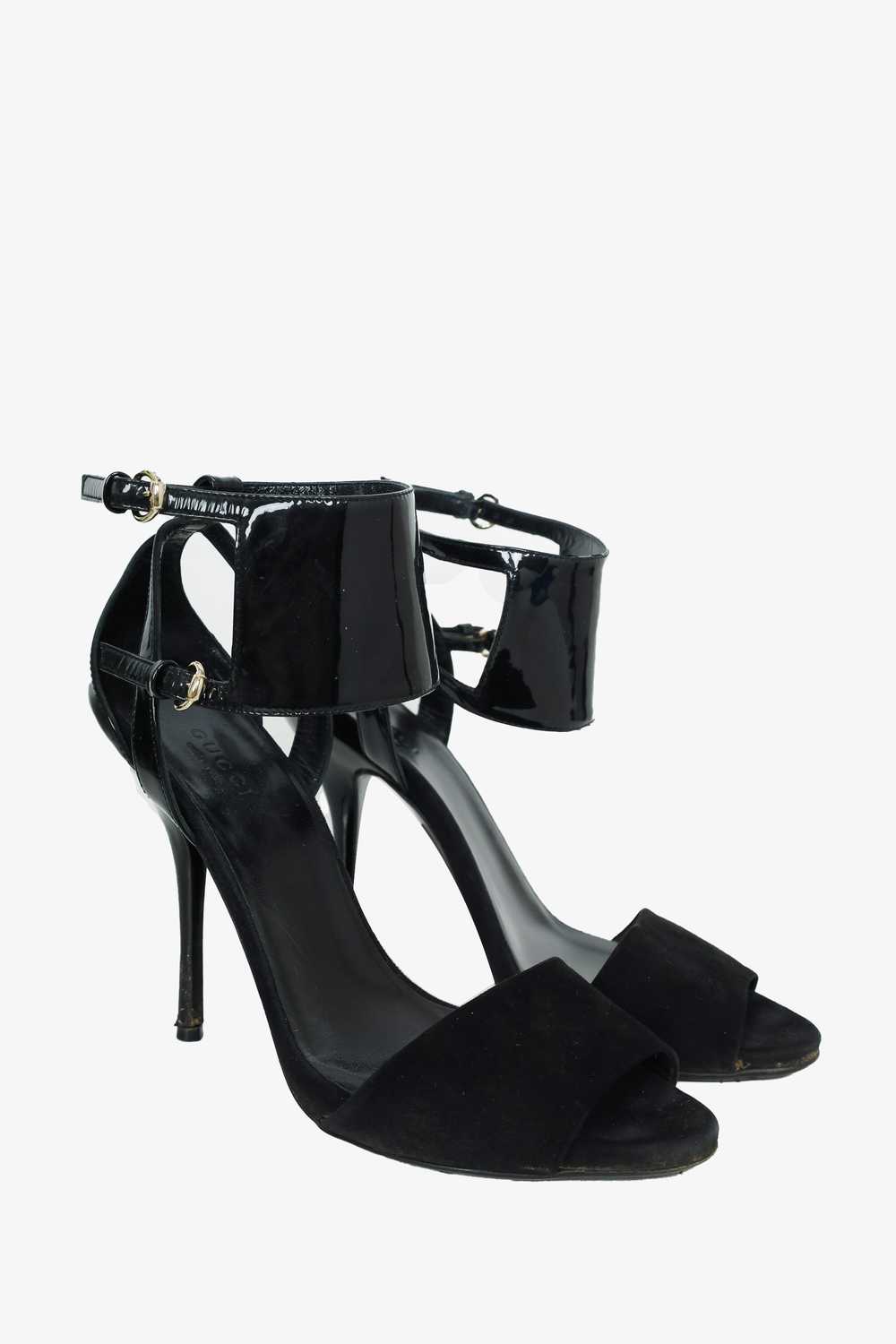 Gucci Black Suede/Patent Open Toe Ankle Strap San… - image 2