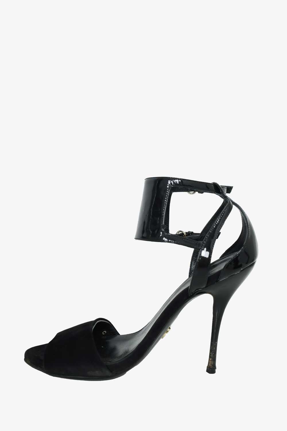 Gucci Black Suede/Patent Open Toe Ankle Strap San… - image 3