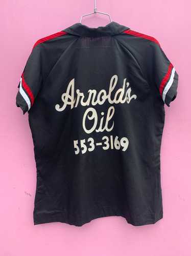 ARNOLDS OIL BUTTON UP BOWLING SHIRT W/ STRIPED SLE