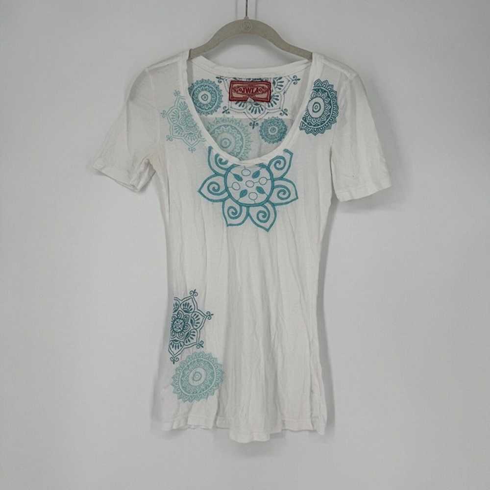 Johnny Was Shirt Women’s XS white teal floral emb… - image 1