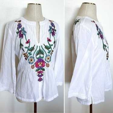 Boho White Blouse with Floral Embroidery S - image 1