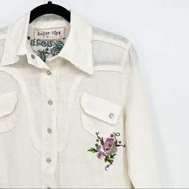 Sugar Lips Cream Embroidered Pearl Snap Button Top