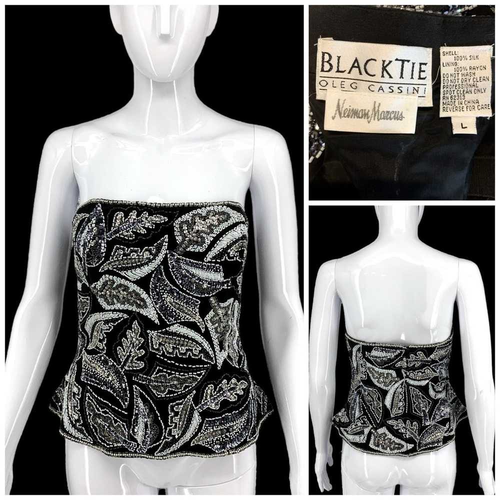 Vintage Black Tie x Oleg Cassini Sz L Black & Whi… - image 1