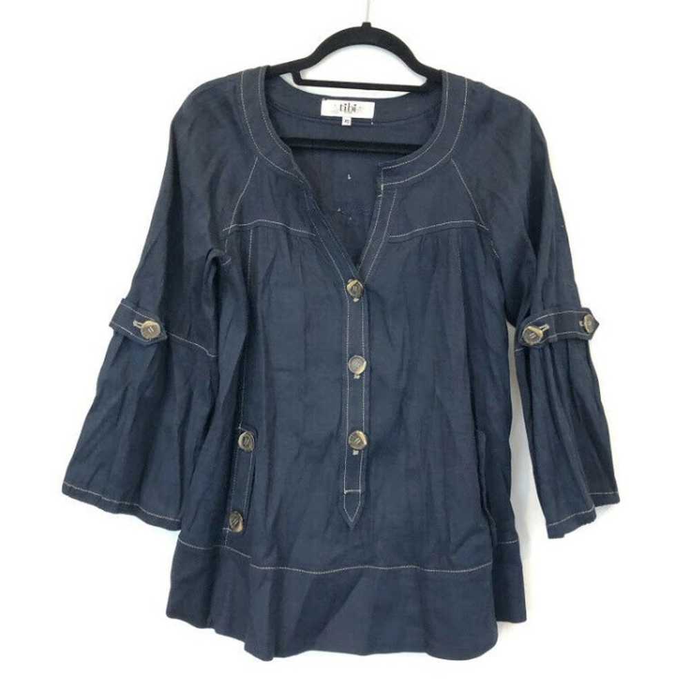 Tibi XS Linen Navy Popover Blouse Jacket - image 1