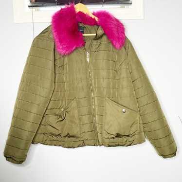 Lane Bryant Green Puffer Coat 22/24 Green Pink fur