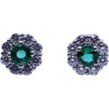 18K White Gold Emerald Diamonds Stud Earring - image 1