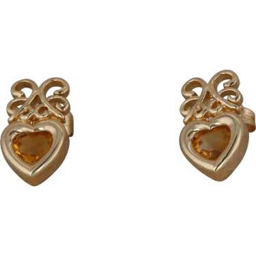 10k Yellow Gold Heart Citrine Dangle Earrings - image 1