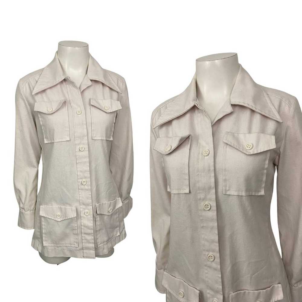 1970s White Cotton Button Up Safari Shirt Jacket … - image 1