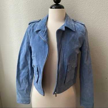 MANGO pale blue suede leather zipper moto jacket w