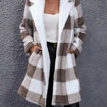 Buffalo Plaid Print Open Front Teddy Lined Coat