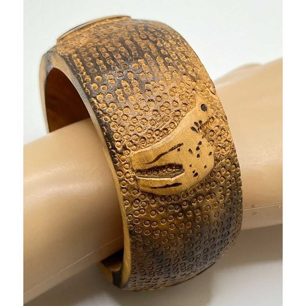 Wood Bangle Bracelet Camel Vintage Carved Texture… - image 2