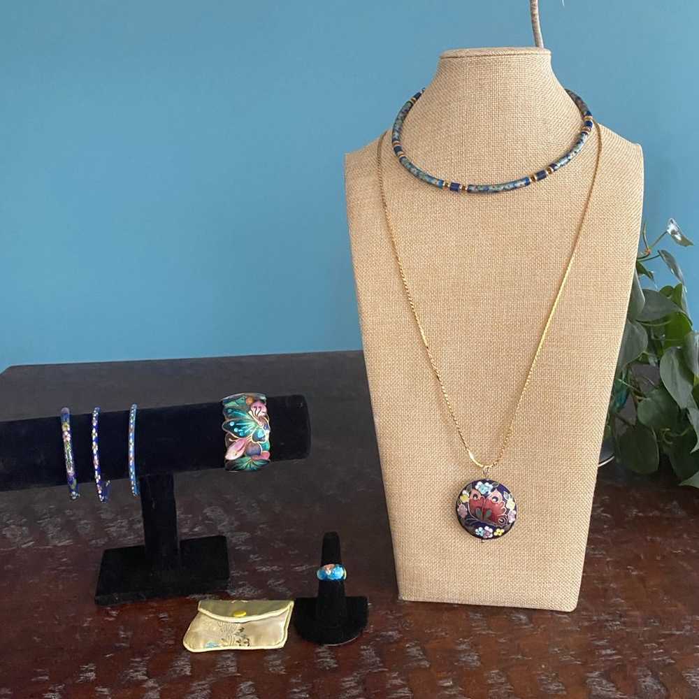 Vintage Cloisonné Enamel Jewelry Lot Bangle Brace… - image 1