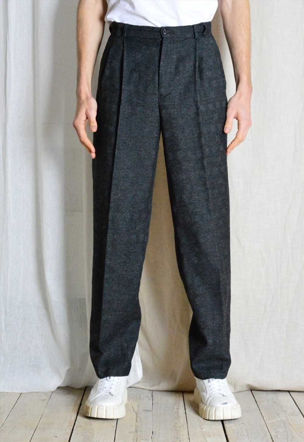 Vintage 70s Dark Grey Check Pleated Mens Pants - image 1