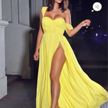 Paradise High Slit Yellow Chiffon Maxi Dress - image 1
