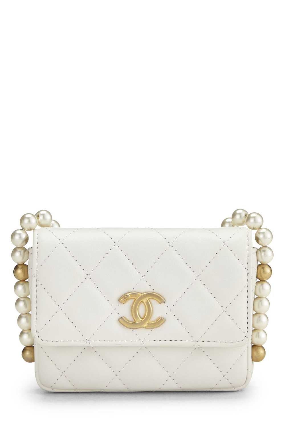 White Calfskin About Pearls Card Holder With Chain - image 1