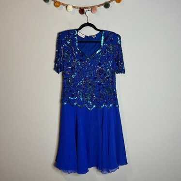 Vintage Laurence Kazar blue silk beaded dress - image 1