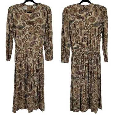 80's Dress Modest Long Sleeve Pleated Maxi Paisle… - image 1